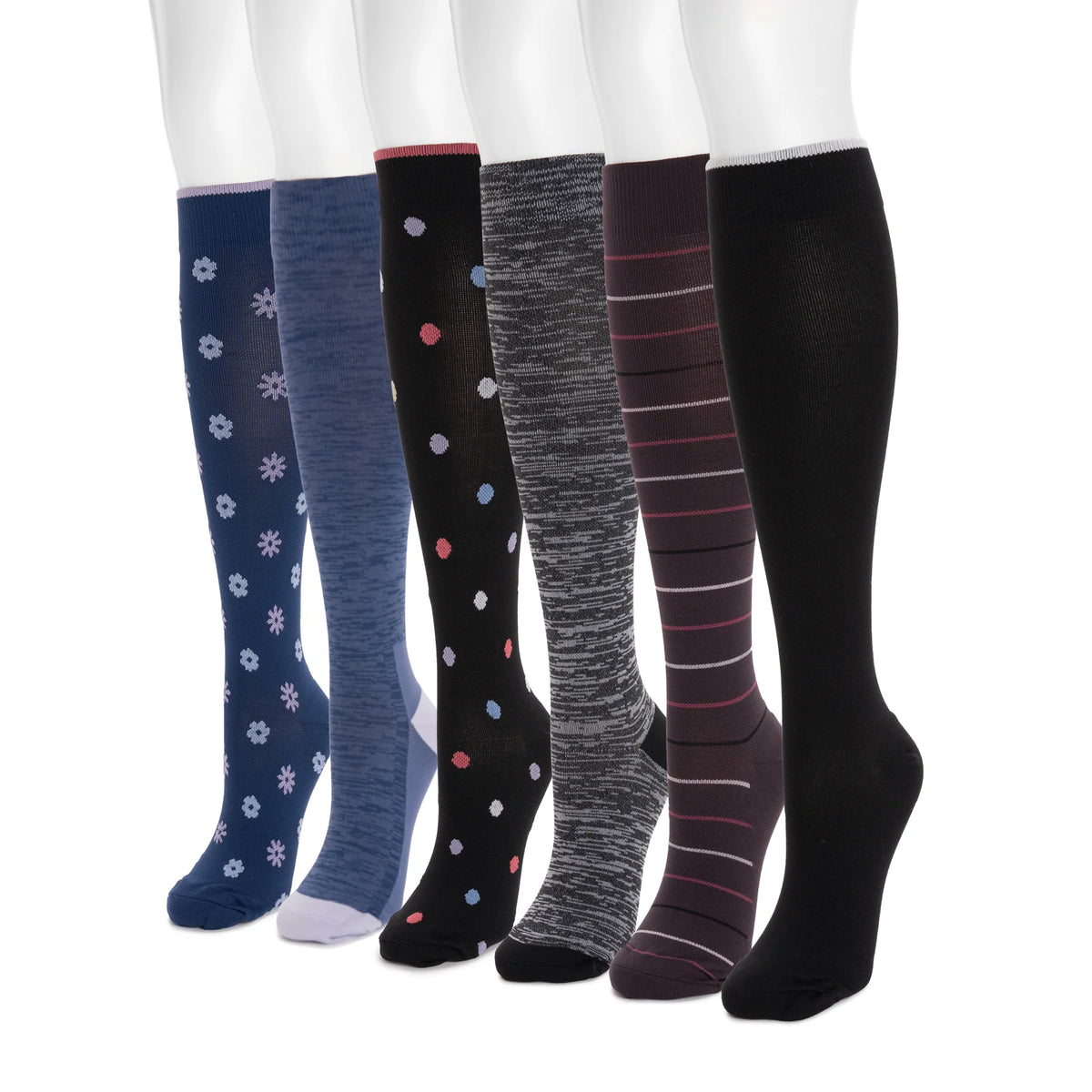 Women's 6 Pack Nylon Compression Knee-High Socks